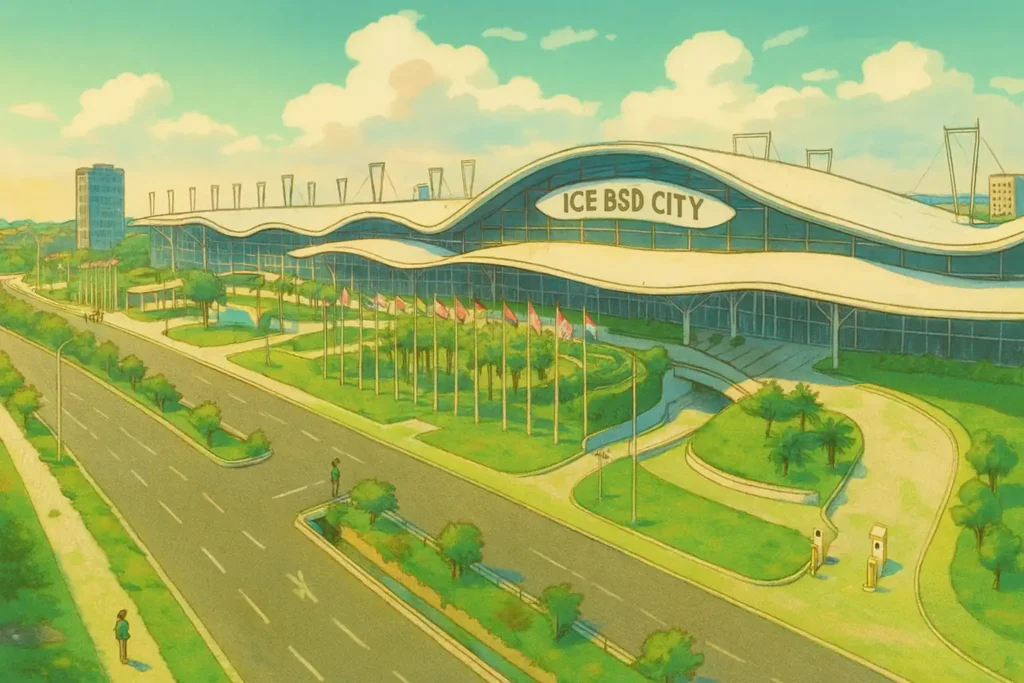 Ilustrasi bergaya Ghibli dari gedung ICE BSD, lokasi utama GIIAS 2025, menampilkan suasana magis pameran otomotif terbesar di Indonesia.